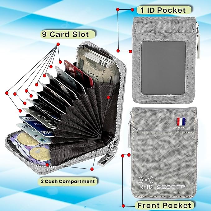 Storite Imported RFID PU Leather 9 Slot Vertical Credit Debit Card Holder Money Wallet Zipper Coin Purse for Men Women (Grey,11.5x2x8Cm) - Image 2