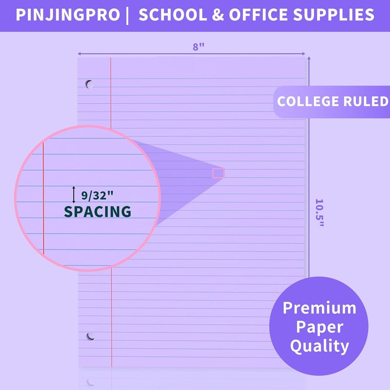 PINJINGPRO ورق أرجواني مفكوك 120 ورقة، ورق أرجواني مقاس 8 بوصة × 10.5 بوصة، ورق مسطر للكليات، ورق دفتر ملون، ورق مسطر مثقب بثلاثة ثقوب، ورق ملف بحلقات ثلاثية مقاس 8 × 10.5، ورق حشو لمستلزمات المدرسة والمكتب. - Image 2