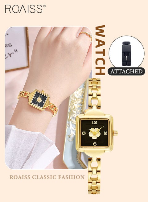 ساعة كوارتز نسائية بحزام من السبائك بقرص مربع بنمط الكاميليا، ساعة يد كلاسيكية فاخرة مقاومة للماء كهدية للسيدات