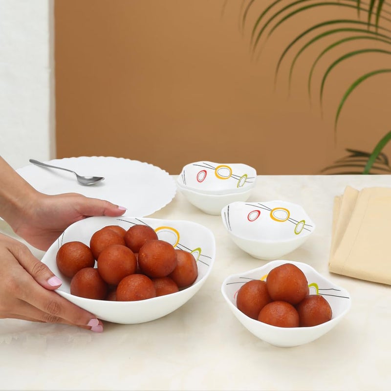 Larah by Borosil Splendour Square Series Opalware 5 Pcs Pudding Set | Microwave & Dishwasher Safe | Bone-Ash Free | Crockery Set for Dining & Gifting | Bowls Set | White - Image 1