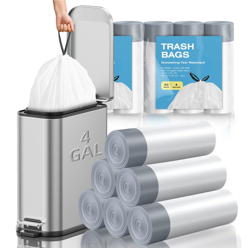 KSSKSS 4 Gallon Mini Drawstring Trash Bags, Small Garbage Bags by KSSKSS, Code a fit 15-22 Liter, 4-6 Gal, White Trash Bin Liners for Home Office Kitchen Bathroom Bedroom, 120 Counts - Image 1