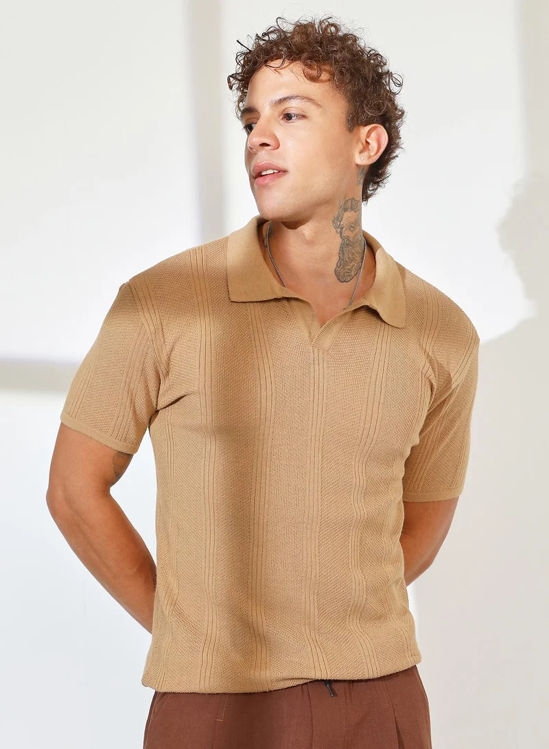 Campus Sutra Men's Camel Beige Stripe-Knit Polo T-Shirt For Casual Wear | Polo Neck | Short Sleeve | Pull On Closure | T-Shirt Crafted With Comfort Fit For Everyday Wear