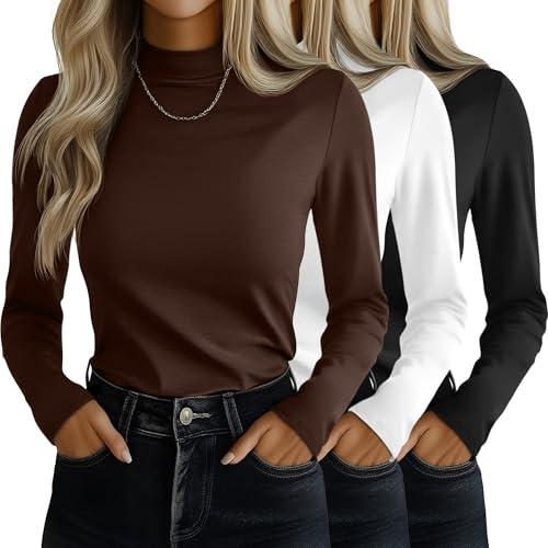 Ficerd 3 Pack Womens Mock Turtleneck Shirts Long Sleeve Mock Neck Pullover Tops Slim Fitted Stretch Undershirt Tee BlouseBlack White BrownXLarge - Image 1