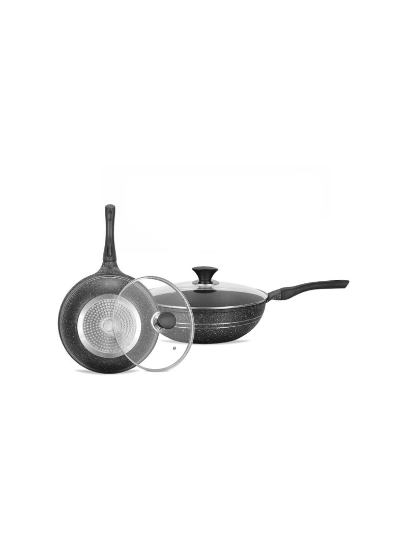 Sonex Eden 26cm Die-Cast Wok Pan with Marble Coating & Glass Lid - Image 2