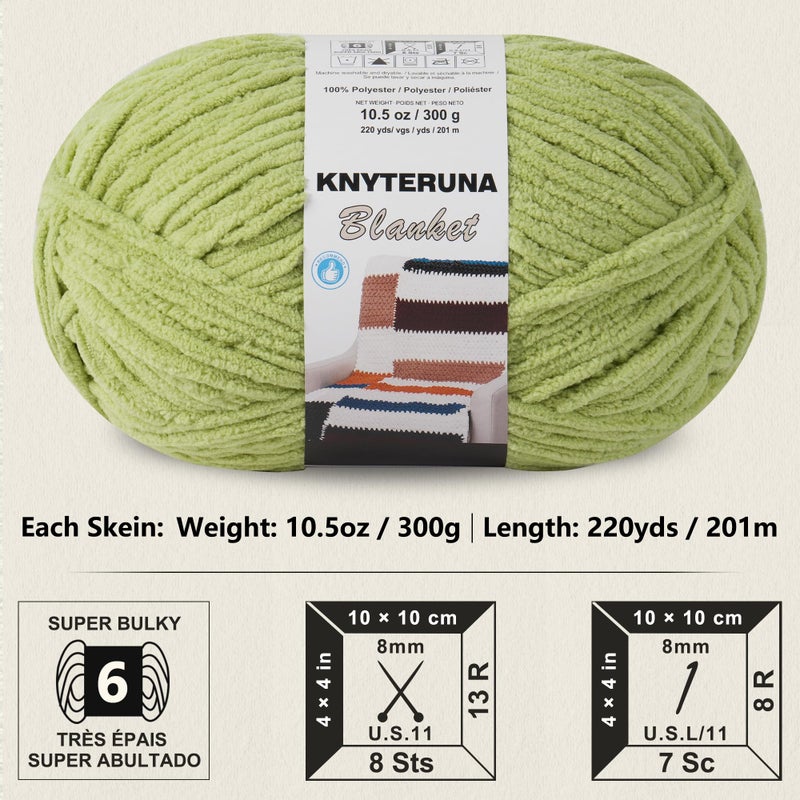 Knyteruna #6 Super Bulky Blanket Yarn for Crocheting - 4 Skeins(Each 10.5oz/300g, 220yds/201m), Chunky Chenille Thick Plush Big Soft Yarn for Crocheting Knitting Blankets, Lemon Lime - Image 2