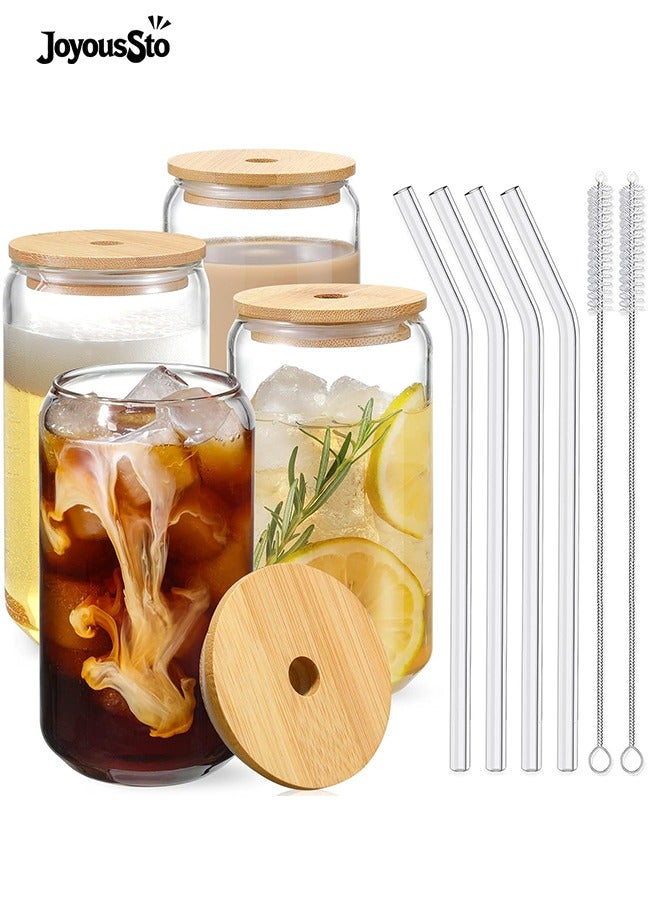 متجر الفرح طقم أكواب شرب بأغطية من الخيزران وقشة زجاجية مكون من 4 قطع - أكواب زجاجية سعة 16 أونصة، أكواب قهوة مثلجة، أكواب شاي مثلج لطيفة، مثالية لإكسسوارات بار القهوة، هدية جمالية - فرشاتان - Image 1