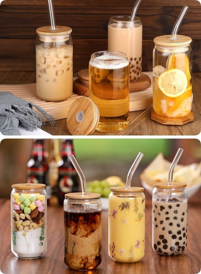 متجر الفرح طقم أكواب شرب بأغطية من الخيزران وقشة زجاجية مكون من 4 قطع - أكواب زجاجية سعة 16 أونصة، أكواب قهوة مثلجة، أكواب شاي مثلج لطيفة، مثالية لإكسسوارات بار القهوة، هدية جمالية - فرشاتان - Image 2