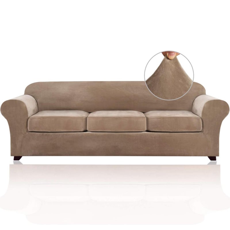 PrinceDeco PriceDeco Velvet XL Couch Cover for Oversized Sofa 4 Piece Sofa Covers for 3 Cushion Couch Washable Furniture Protector with Non Slip Elastic Bottom Width Up to 97 InchXLarge Camel 