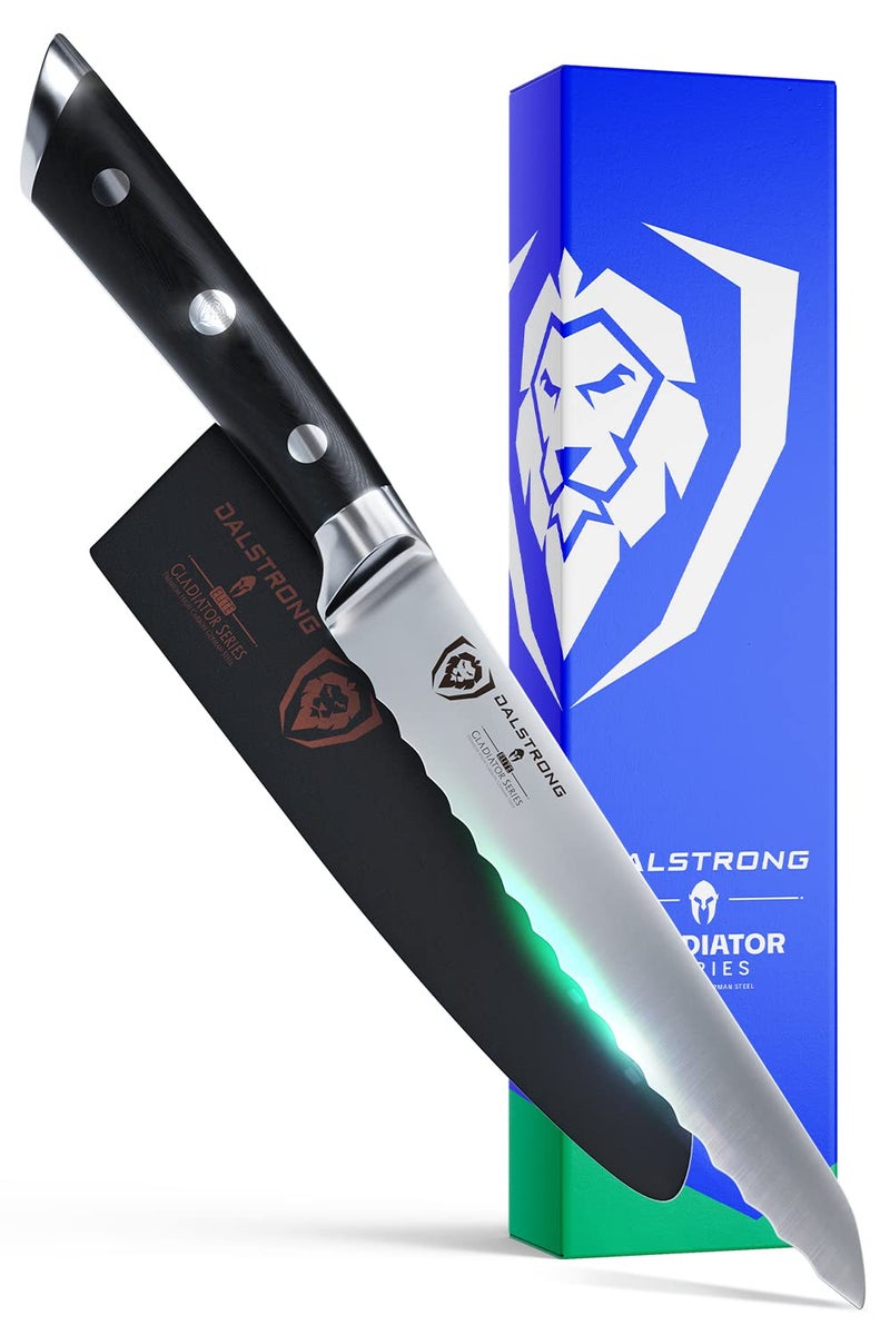 Dalstrong Serrated Utility Knife 55 inch Gladiator Series Elite Forged High Carbon German Steel Kitchen Knife Gift Serrated Knife Blade Sheath Included NSF Certified