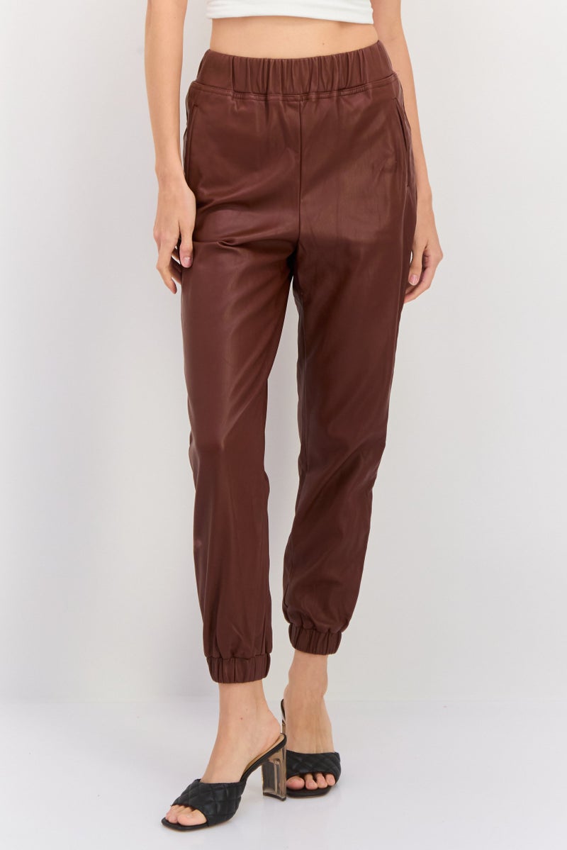 INC Women Regular Fit Plain Leather Pants, Brown - Image 1