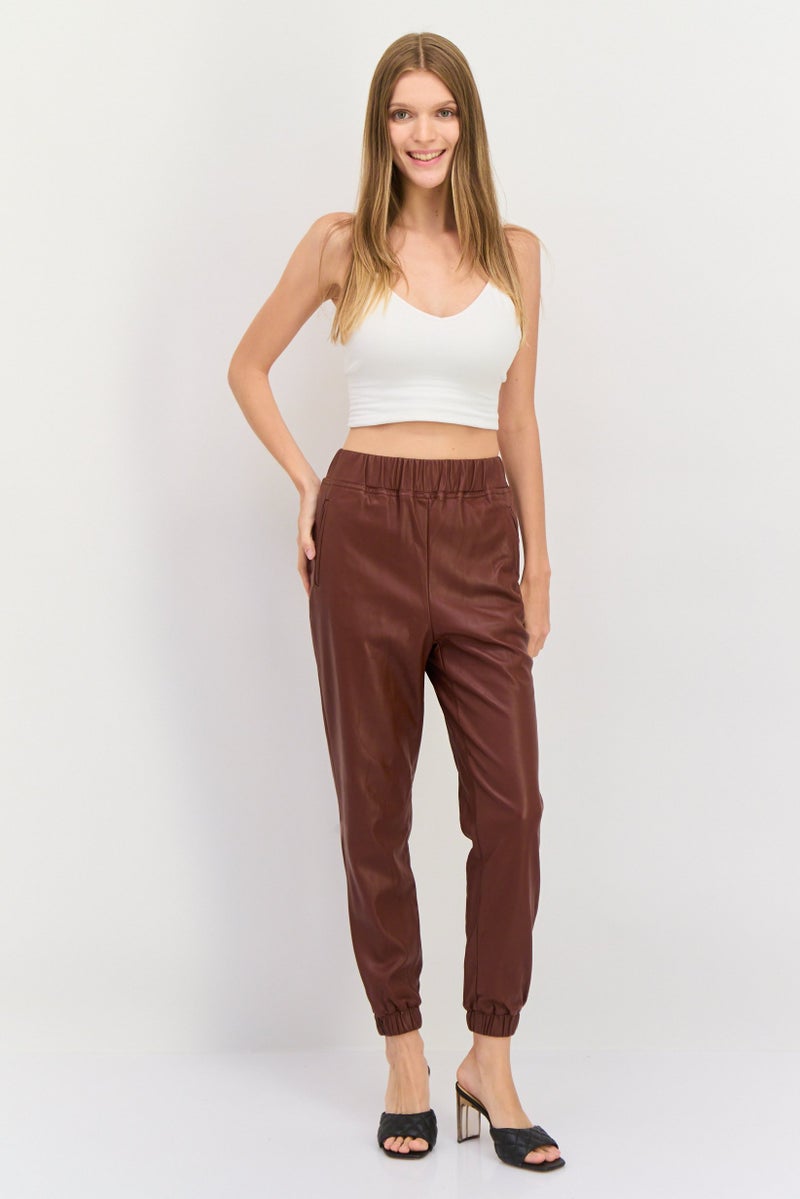 INC Women Regular Fit Plain Leather Pants, Brown - Image 2