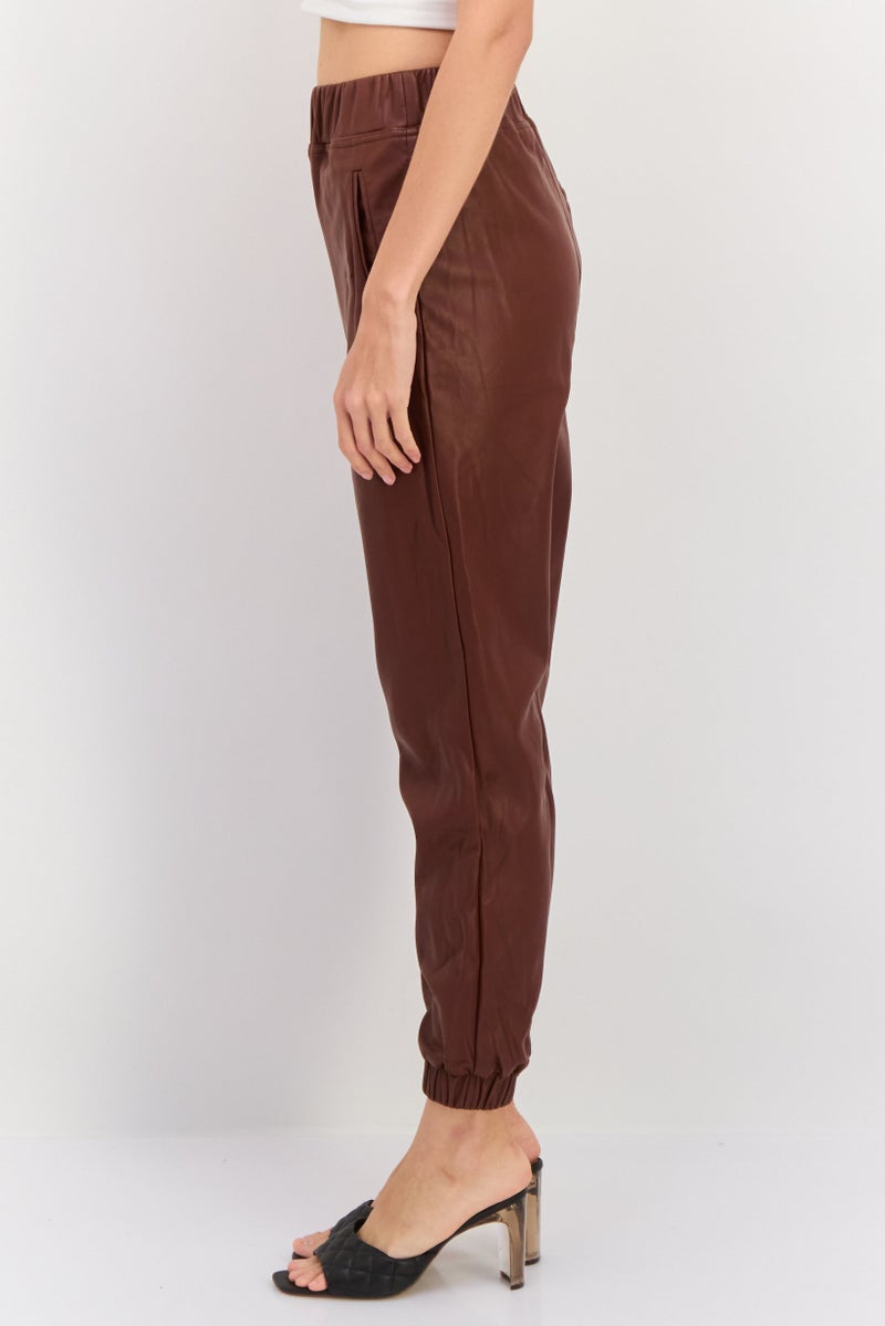 INC Women Regular Fit Plain Leather Pants, Brown - Image 4