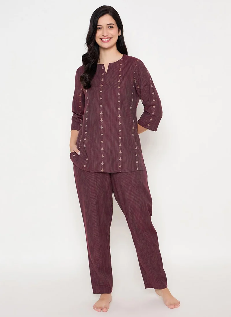 كلوفيا Clovia Printed Top & Pyjama Set in Maroon
