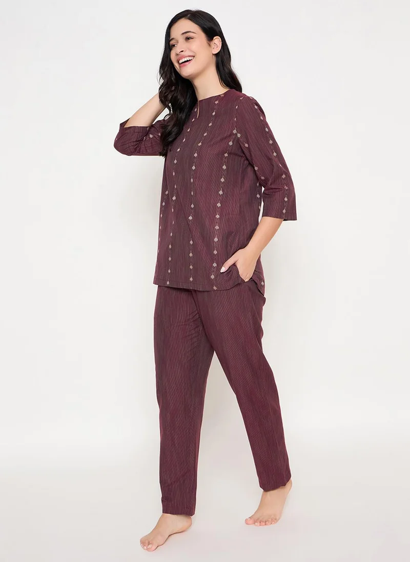 Clovia Maroon Clovia Printed Top & Pyjama Set in Maroon for Women | Best Price UAE