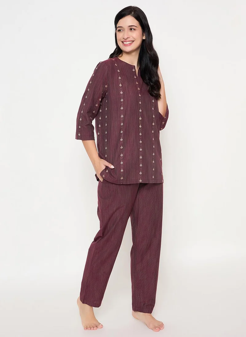 Clovia Maroon Clovia Printed Top & Pyjama Set in Maroon for Women | Best Price UAE
