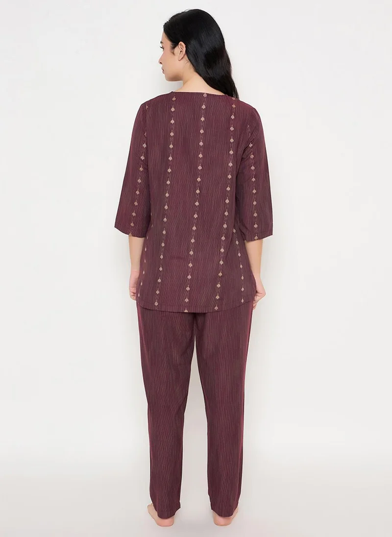 Clovia Maroon Clovia Printed Top & Pyjama Set in Maroon for Women | Best Price UAE
