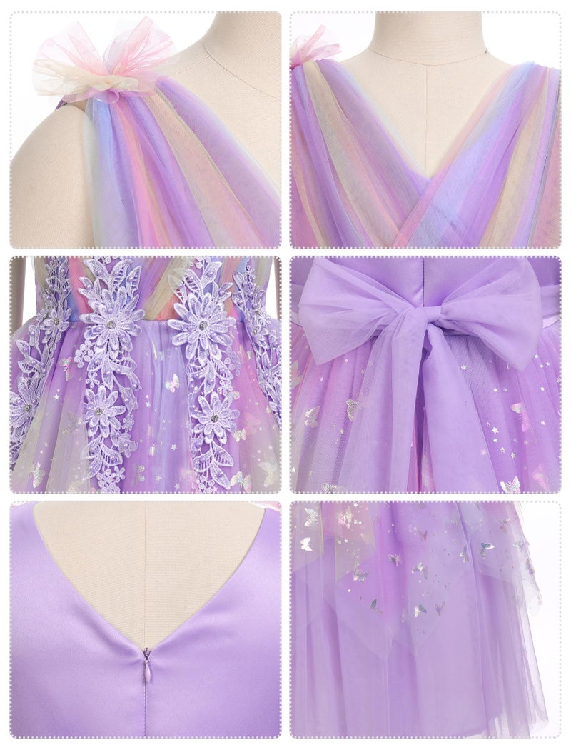 IBAKOM Flower Girl Formal Wedding Dress Sparkly Butterfly Ruffle V Neck Junior Bridesmaid Pageant Birthday Tea Party Outfits Tween Princess First Communion School Prom Evening Ball Gown Purple 7-8 Years - Image 2
