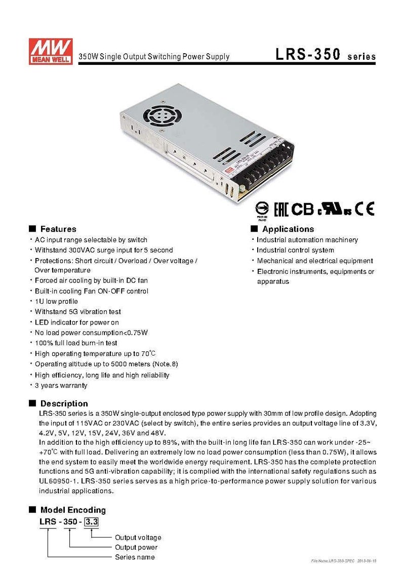 MEAN WELL Meanwell Mult-Equip Taiwan Power Supply: LRS-350-24, 350W 24VDC 24V 14.6A Ultra-Thin Power Switch - Image 5