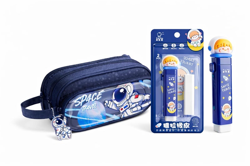 Parshya Space Travel Pencil Pouch with Push Pull Eraser Set for Kids | Premium Large Capacity Pencil Case for Boys & Girls | School Stationery Combo Gift Set - Image 1