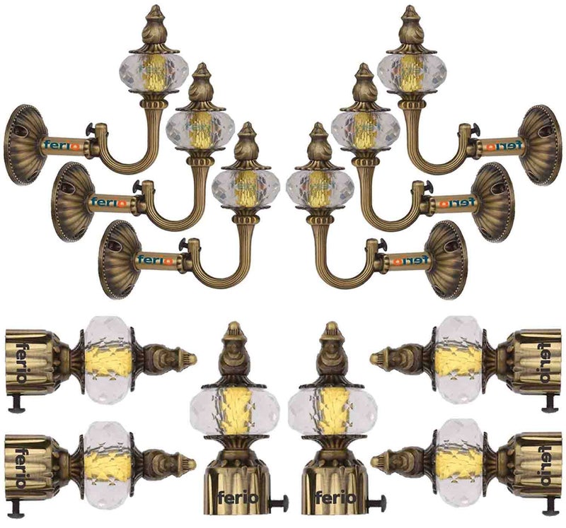 FERIO Curtain Brackets with Support for Door and Windows Rod Fitting 1 Inch Rod Pocket Set Brass Antique for Home Décor Zinc with Crystal Diamond (Curtain Finial 6 Pcs and Curtain Holder Rod 6 Pc) - Image 1