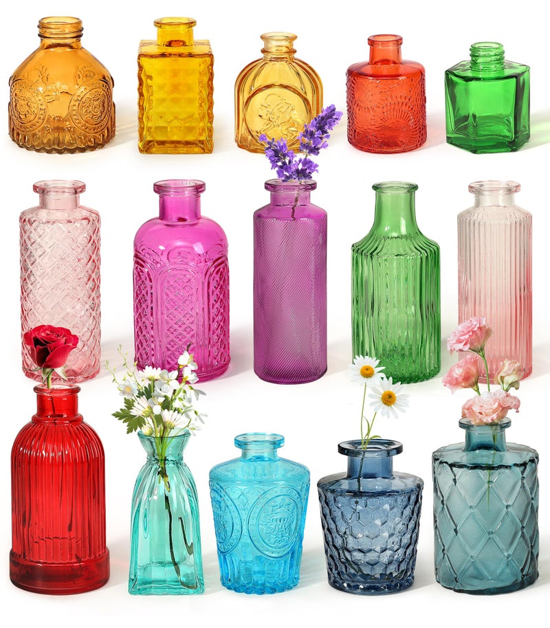 saiguomi Set of 15 Colorful Glass Bud Vases - Small Textured Flower Vases for Centerpieces, Wedding Table Decor, Retro Home Decor Bulk Vase Set for DIY, Events & Gifts - Image 1