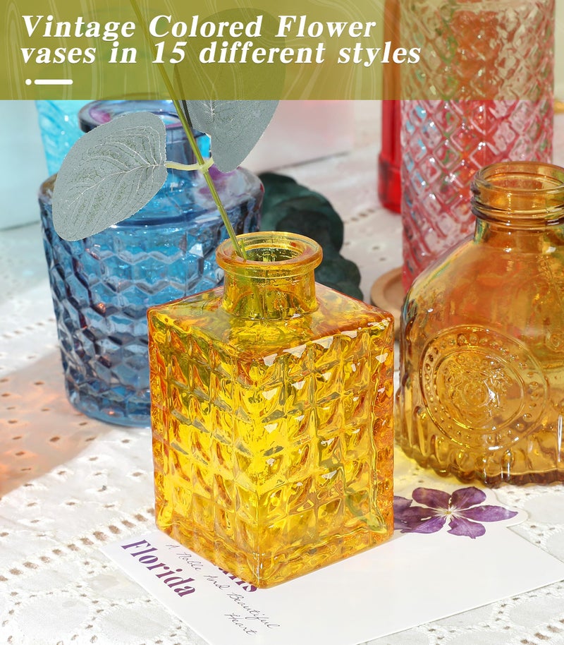 saiguomi Set of 15 Colorful Glass Bud Vases - Small Textured Flower Vases for Centerpieces, Wedding Table Decor, Retro Home Decor Bulk Vase Set for DIY, Events & Gifts - Image 5