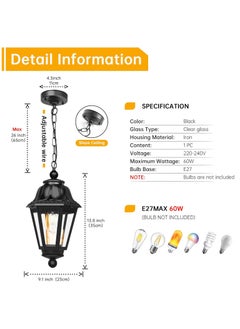 SP Modern Black Pendant Light Fixture, Farmhouse Exterior Hanging Lights with Adjustable Chain, Black Ceiling Hanging Lanterns with Clear Lampshade for Porch, Yard, Gazebo, Entryway  - Image 2