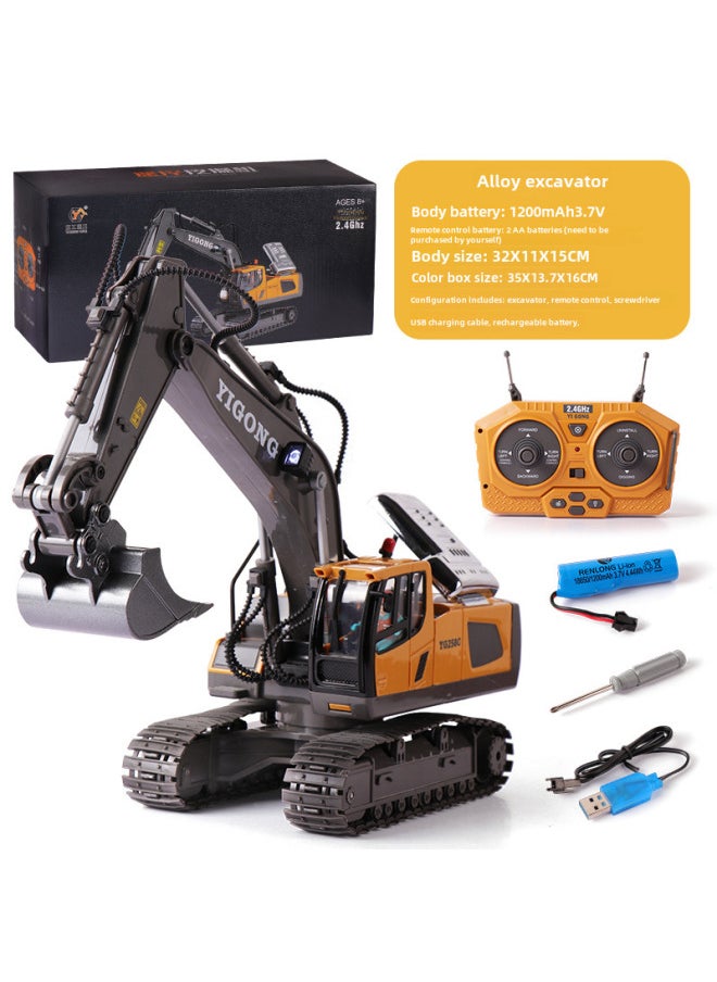 11-Channel Remote Control Alloy Excavator Spray Dump Truck Excavator Children's Toy Engineering Vehicle Remote Control Bulldozer-Color:11-way Alloy Excavator Yellow-Proportion:Three-level Version  - Image 1