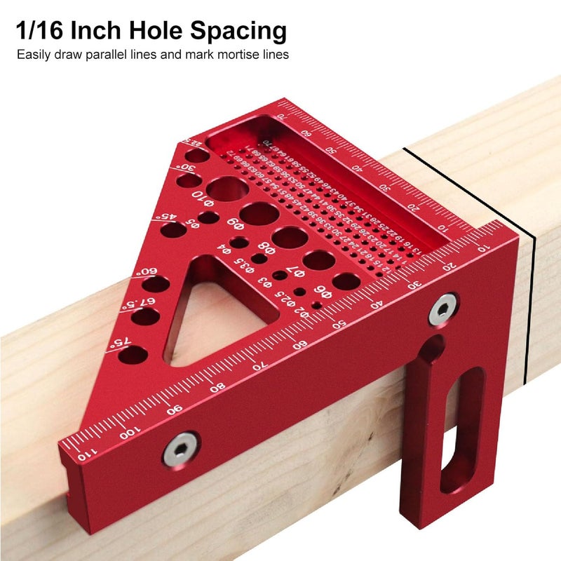 Woodworking Square Protractor 3D Multiangle Measuring Ruler Aluminum Alloy Miter Ruler Layout Measuring Tool for Engineer Carpenter Construction Use (Red) - Image 2