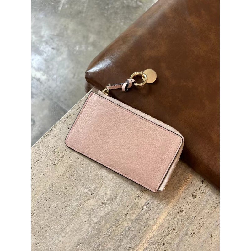 Top Layer Cowhide Card Bag Womens Niche Genuine Leather Ultra-thin Card Bag New Fashion Zipper Small Coin Purse Card Holder Pink