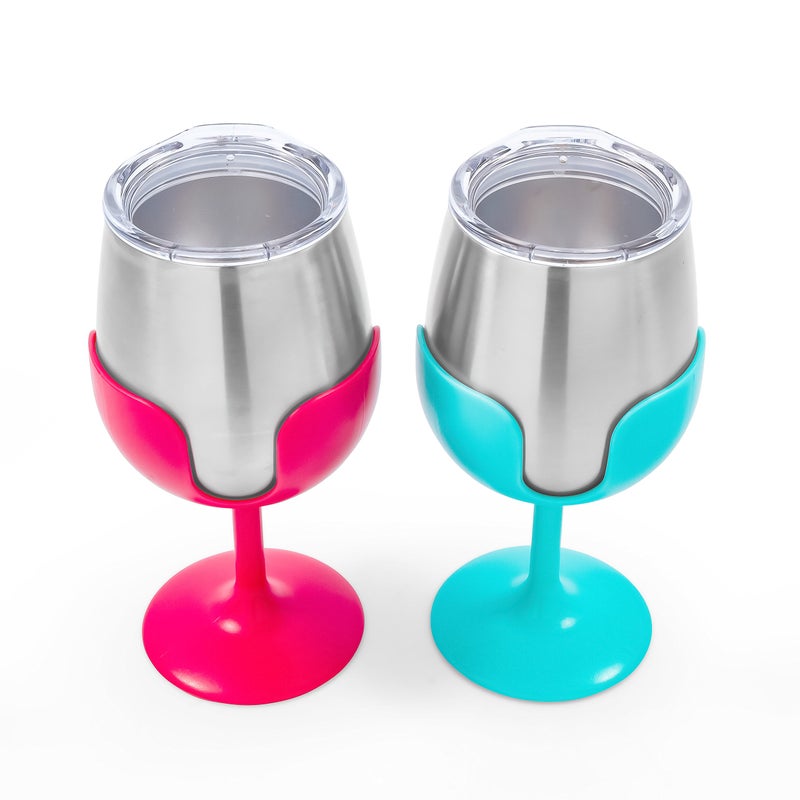 Camco Life is Better at The Campsite 8 oz Wine Tumbler 2 Pack - Heavy Duty Double Wall Vacuum Insulation - Crafted of 18/8 Stainless Steel - Features Removable Blue & Pink Stems (51915) - Image 2