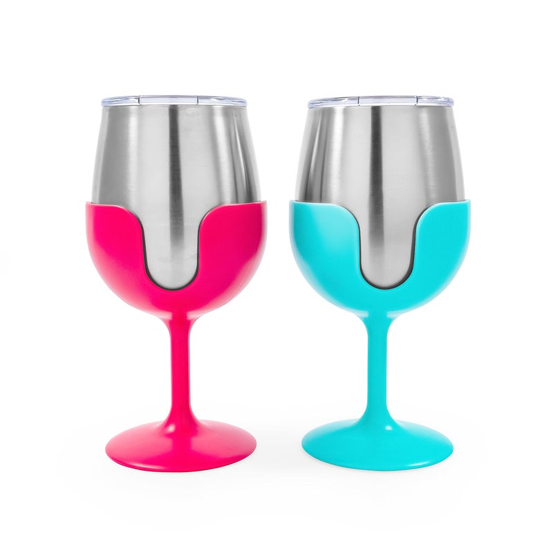 Camco Life is Better at The Campsite 8 oz Wine Tumbler 2 Pack - Heavy Duty Double Wall Vacuum Insulation - Crafted of 18/8 Stainless Steel - Features Removable Blue & Pink Stems (51915) - Image 1