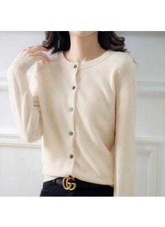 Spring Autumn Winter Knitted Cardigan Womens Round Neck Wool-Like Sweater Versatile Solid Color Cropped Loose-Fit Pullover Beige