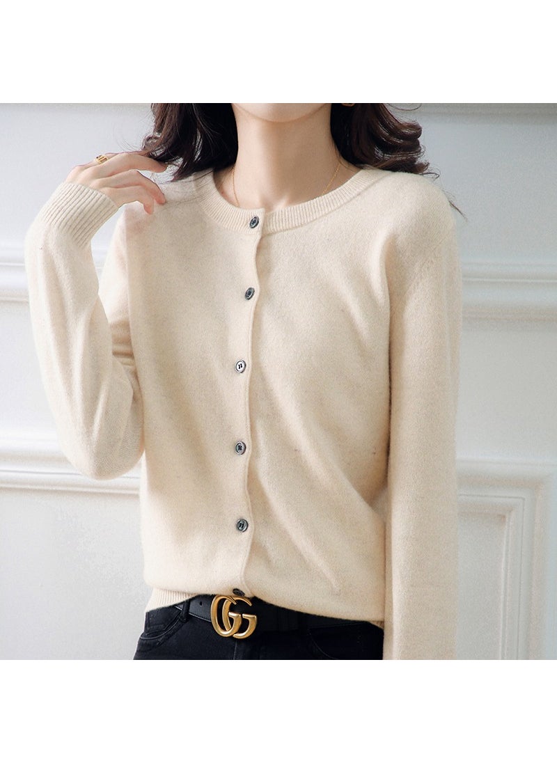Generic - Spring Autumn Winter Knitted Cardigan Womens Round Neck Wool-Like Sweater Versatile Solid Color Cropped Loose-Fit Pullover Beige - Image 1