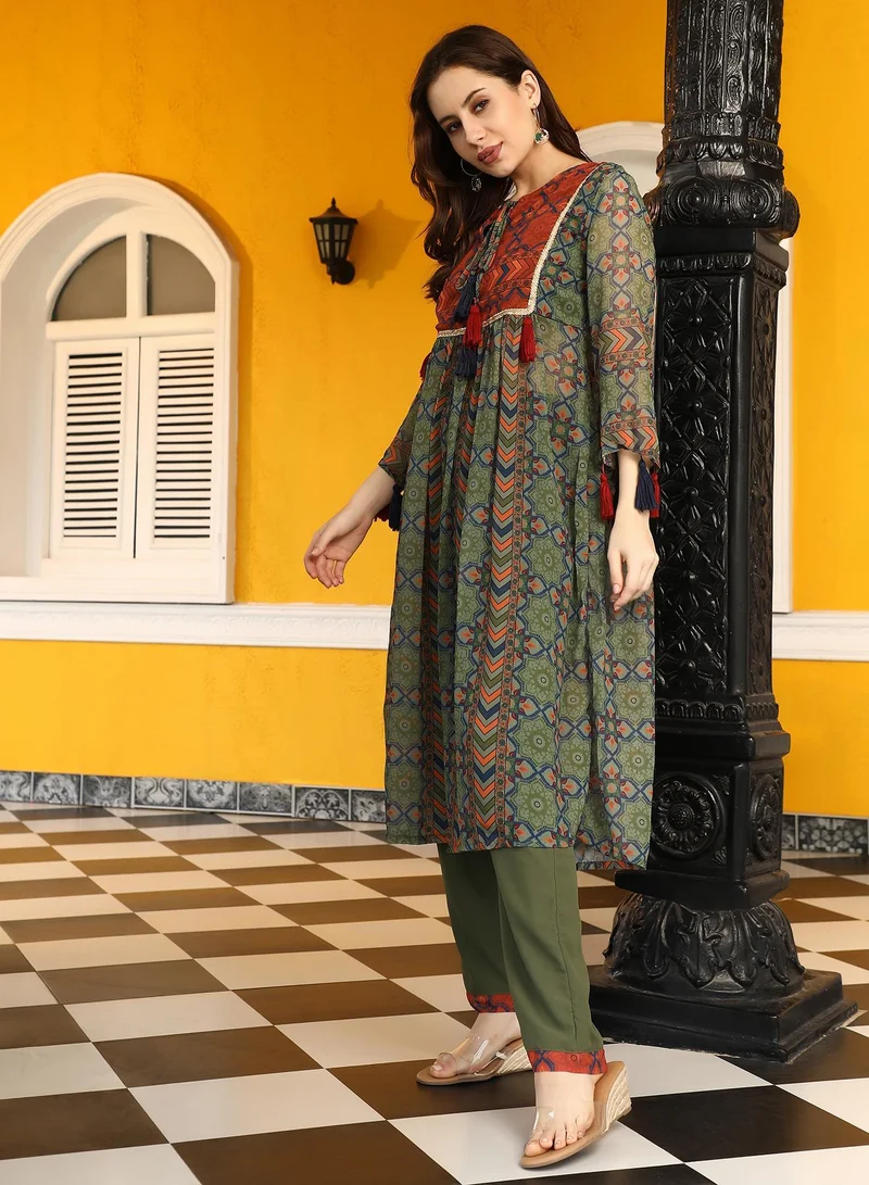 Qissa  Qissa Women's Olive Green Geometric Block Kurta With Trousers For Ethnic Wear | Round Neck , Quarter Sleeves | Geometric Print Plain Fabric | 2 Piece Kurta Set Designed For Casual & Daily Wear for Women | Best Price UAE