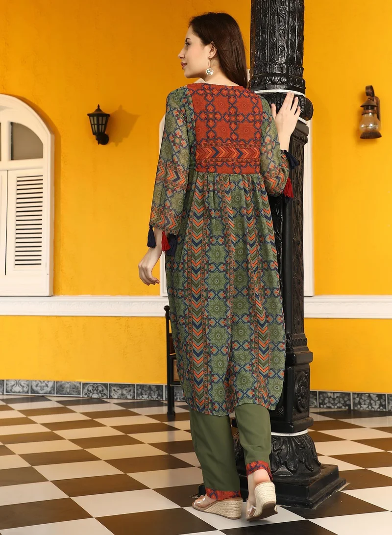 Qissa  Qissa Women's Olive Green Geometric Block Kurta With Trousers For Ethnic Wear | Round Neck , Quarter Sleeves | Geometric Print Plain Fabric | 2 Piece Kurta Set Designed For Casual & Daily Wear for Women | Best Price UAE