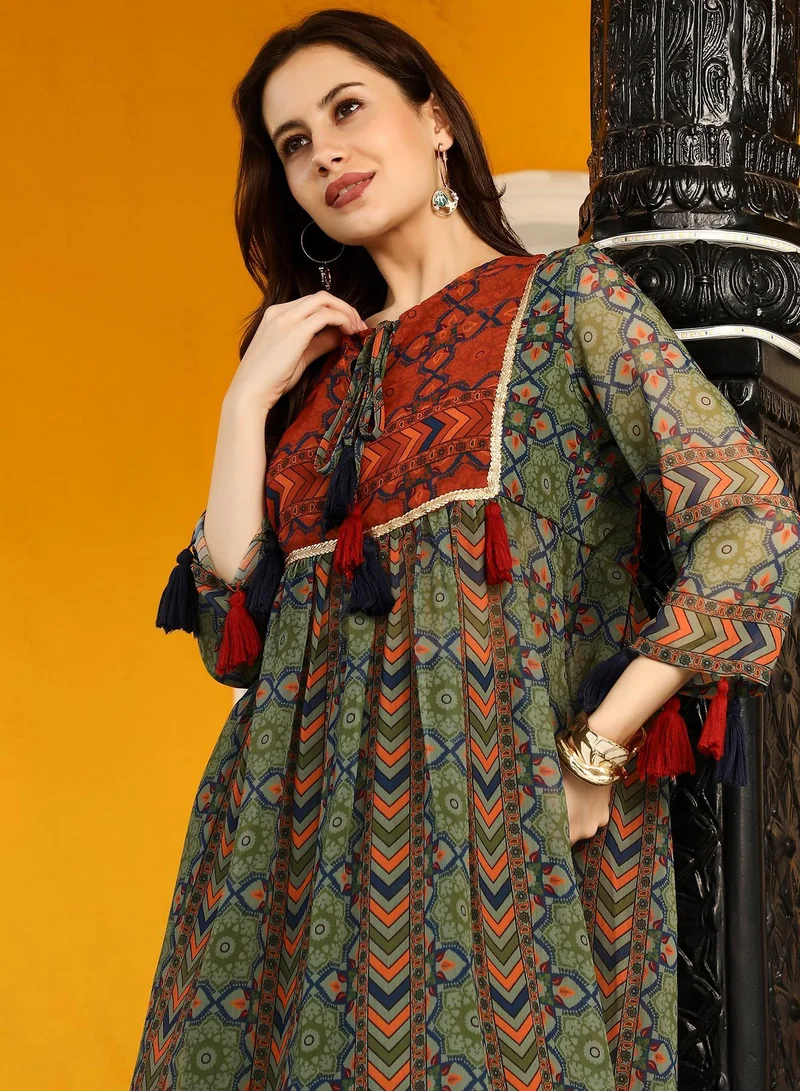 Qissa  Qissa Women's Olive Green Geometric Block Kurta With Trousers For Ethnic Wear | Round Neck , Quarter Sleeves | Geometric Print Plain Fabric | 2 Piece Kurta Set Designed For Casual & Daily Wear for Women | Best Price UAE
