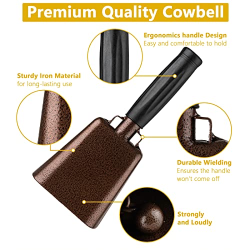 Musfunny Steel Cow Bell with Handle Cowbells, Cheering Hand Bells Loud Noise Makers for Sporting Events,Football Games,School Bell,Farm Hand Chimes Percussion Musical Instruments (8 inch Bronze) - Image 3