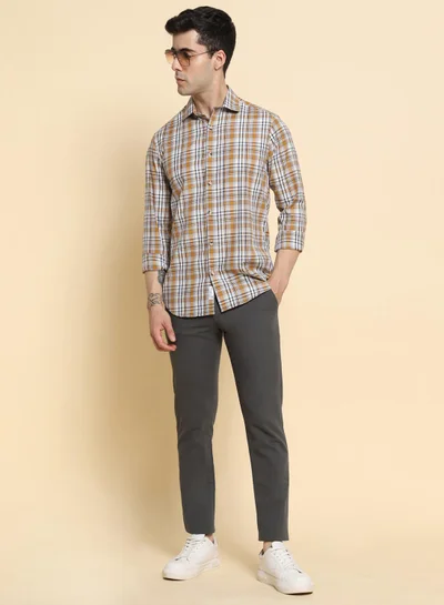 Dennis Lingo Men's Grey 100% Cotton Solid Pattern Full Length Slim Fit Trouser