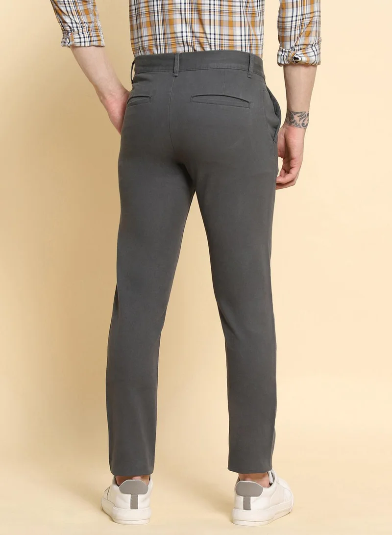 Dennis Lingo Men's Grey 100% Cotton Solid Pattern Full Length Slim Fit Trouser