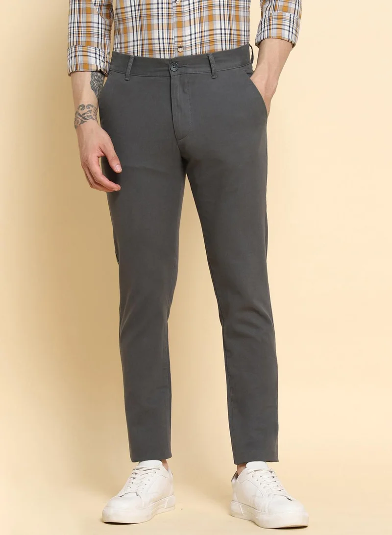 Dennis Lingo Men's Grey 100% Cotton Solid Pattern Full Length Slim Fit Trouser
