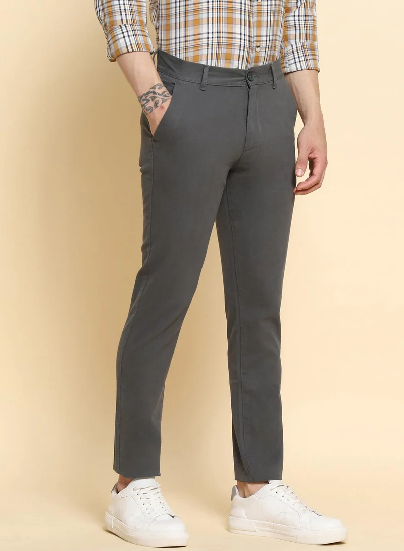 Dennis Lingo Men's Grey 100% Cotton Solid Pattern Full Length Slim Fit Trouser