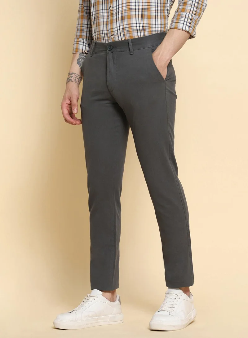 Dennis Lingo Men's Grey 100% Cotton Solid Pattern Full Length Slim Fit Trouser