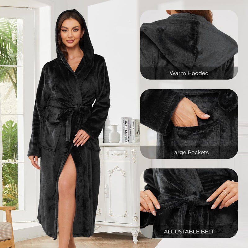 EK4YDNDS Womens Long Hooded Fleece Robe, Soft Warm Spa Bathrobe for Cozy Lightweight Loungewear(Black, L/XL) - Image 3