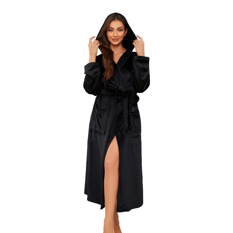EK4YDNDS Womens Long Hooded Fleece Robe, Soft Warm Spa Bathrobe for Cozy Lightweight Loungewear(Black, L/XL) - Image 1