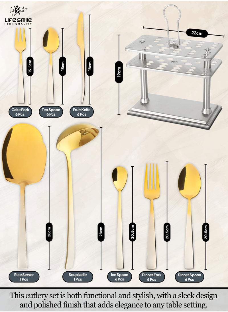 Life Smile - 38-Piece Spoon Set Stainless Steel Spoon and Fork Set Cutlery Set with Stand Dishwasher Safe and Easy Clean Tableware Set with Spoon/Knife/Fork Set Service for 6 - Image 1