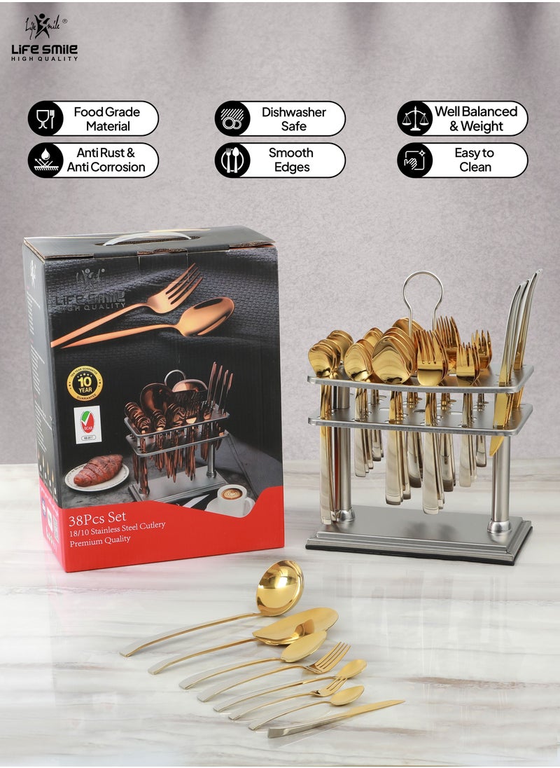 Life Smile - 38-Piece Spoon Set Stainless Steel Spoon and Fork Set Cutlery Set with Stand Dishwasher Safe and Easy Clean Tableware Set with Spoon/Knife/Fork Set Service for 6 - Image 1