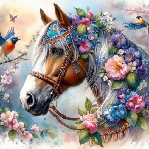 Ekuxom Horse Diamond Art Painting Kits for Adults, Round Full Drill Animal Diamond Art Kits, 5D DIY Horse Painting Crafts Home Wall Decor Gifts 12x12 inch - Image 1