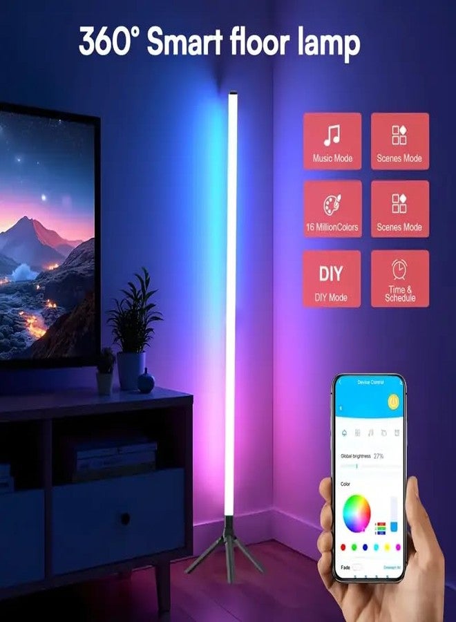 XERGY مصباح أرضي محيطي LED RGBIC من XERGY بزاوية 360 درجة، 60 مصباح LED، تحكم عبر التطبيق/جهاز تحكم عن بعد بالأشعة تحت الحمراء/زر، ارتفاع قابل للتعديل، إضاءة مزاجية لغرفة النوم، الألعاب، الحفلات، ديكور المنزل، (5 فولت، يعمل بمنفذ USB) - Image 2