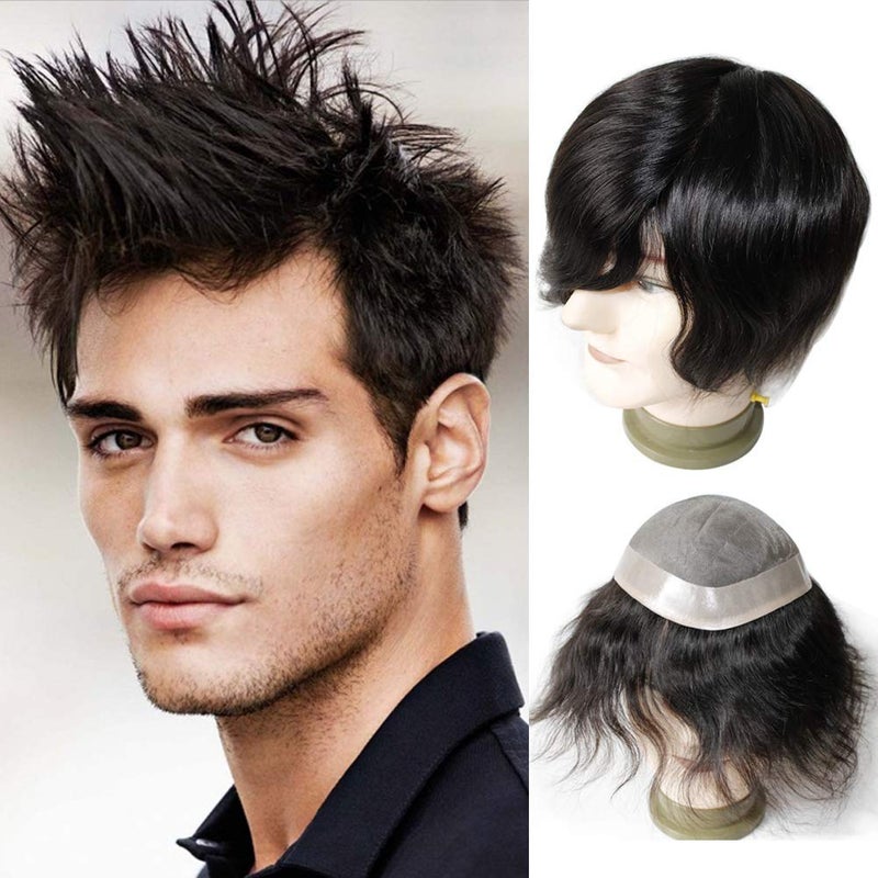 lumeng Toupee for Men Wigs Hair piece Male Hair Unit Bolding Man Replacement 100 Human Hair Mono Lace With Npu Around Lace Systems 6x8 Inch 6 Inch Length Color 1B Off Black